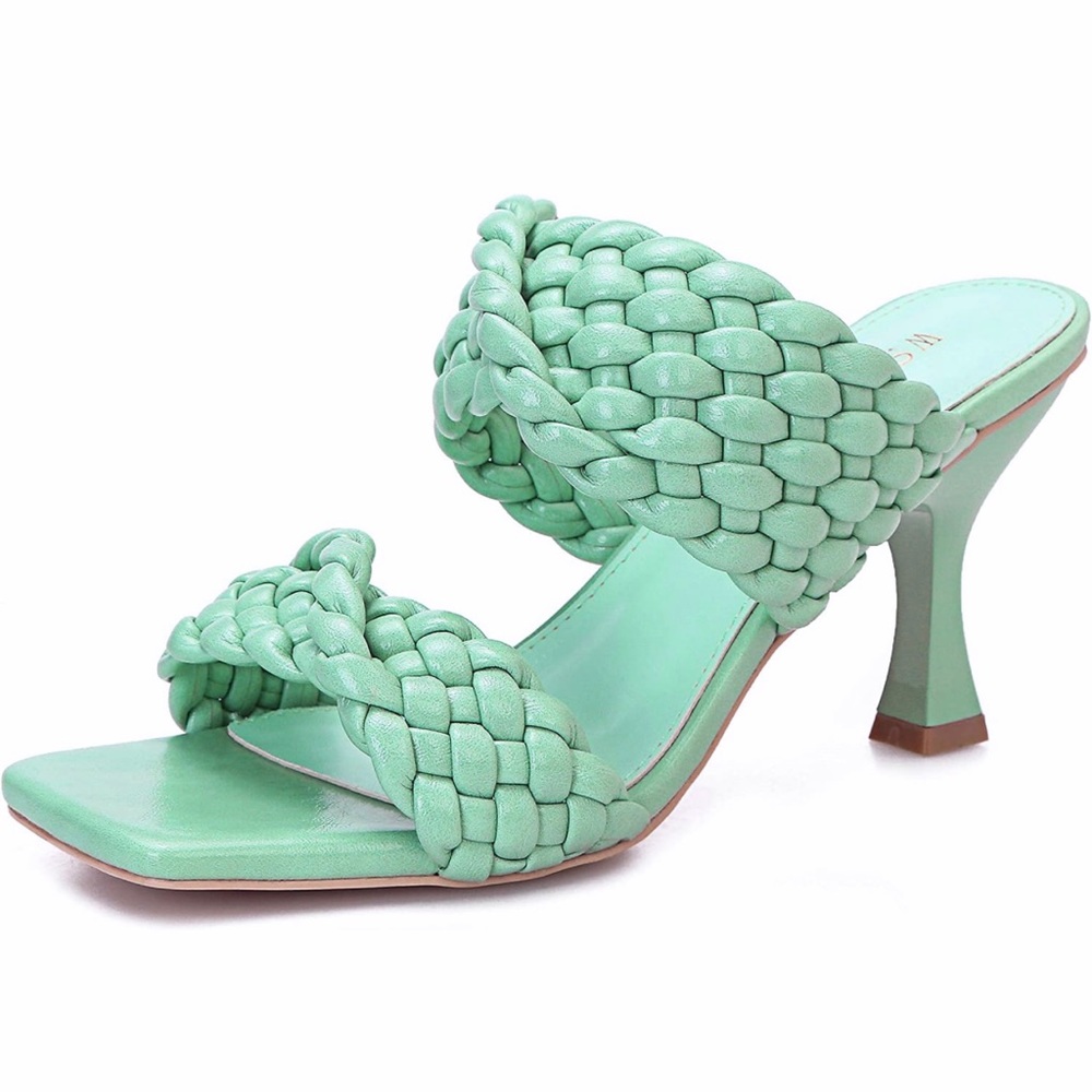 NWOB Aqua Mint Green Braided Square Toe Backless Mule Heeled Sandals Size 6